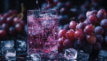 A Glass of Refreshing Grape Juice with Ice Cubes and Fresh Grapes photo