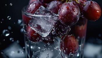 Close-up of Wet Red Grapes and Ice Cubes in a Glass photo