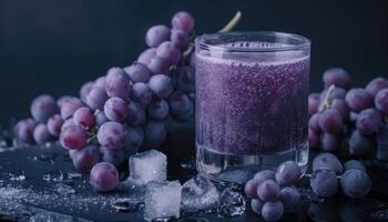 Grape Juice with Grapes and Ice Cubes on a Dark Surface photo