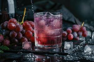 Grape Juice in a Glass with Ice Cubes and Grapes photo
