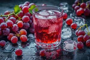 A glass of chilled red grape juice with ice cubes and fresh grapes on a black surface photo