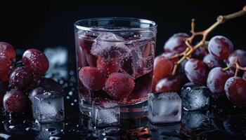 Grape Juice with Ice Cubes and Grapes on a Dark Background photo