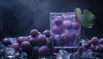 Grapes and Ice Cubes in a Glass with Rain Drops photo