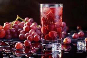 Grape-Infused Sparkling Water with Ice Cubes and Red Grapes photo