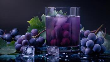 Glass of Grape Juice with Grapes and Ice on Dark Background photo