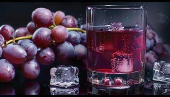 Glass of Grape Juice with Ice Cubes and Grapes photo