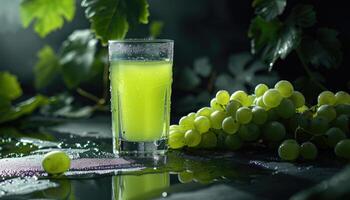 A glass of green grape juice with a bunch of green grapes on a wet surface. photo