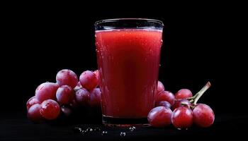 Glass of Red Grape Juice with Grapes on Black Surface photo