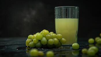 Green Grapes and a Glass of Juice on a Dark Background photo