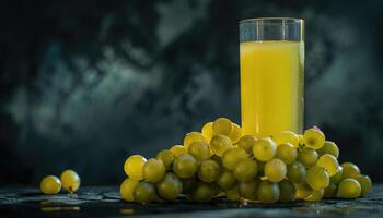 A Glass of Yellow Juice Beside a Bunch of Green Grapes photo