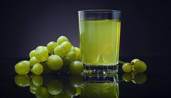 A Glass of Green Grape Juice with Grapes and Reflections photo