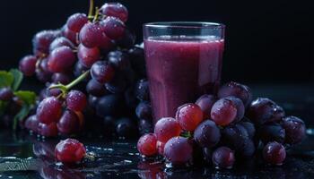 Red Grapes and a Glass of Grape Juice with Water Droplets photo