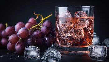 Glass of Red Wine with Ice Cubes and Grapes photo