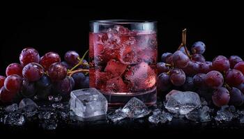 A glass of red grape juice with ice cubes and grapes photo