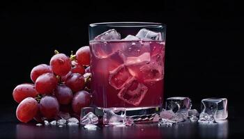Glass of Grape Juice with Ice Cubes and Grapes photo