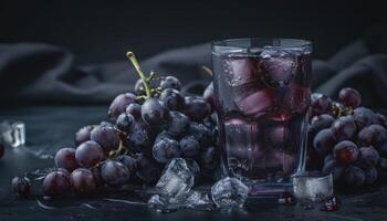 Glass of Grape Juice with Ice Cubes and Grapes photo