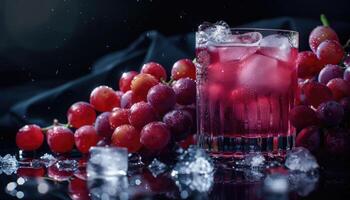 Glass of Grape Juice with Ice Cubes and Grapes photo