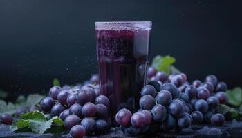 Glass of Grape Juice with Fresh Grapes and Water Droplets photo