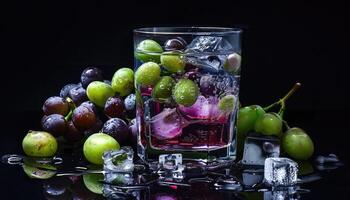 Glass of Grape Juice with Green and Purple Grapes, Ice Cubes, and Water Droplets on a Black Background photo