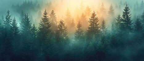 A Mystical Forest Bathed in Golden Light with Foggy Air photo