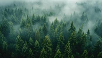 Aerial View of a Dense Evergreen Forest Cloaked in Mist photo