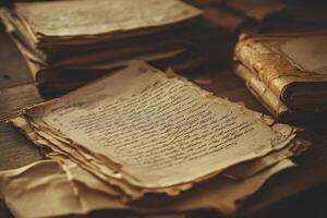 Stack of Old, Handwritten Papers on a Wooden Surface photo