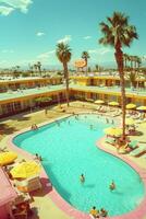 Aerial View of a Retro Poolside Motel with Palm Trees and People Relaxing photo