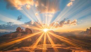 Sunbeams Breaking Through Clouds over Red Rock Formations photo