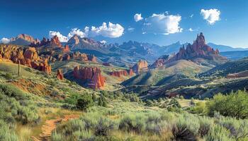 A Scenic View of Red Rock Formations in a Mountainous Valley photo