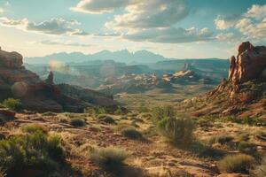 A panoramic view of a desert landscape with red rock formations and a distant mountain range under a cloudy sky photo