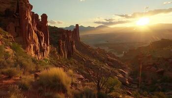 Sun Setting Over Red Rock Canyon With Mountain Range In Distance photo