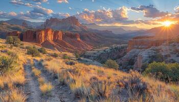 A Sunset View Over a Winding Path Through a Desert Landscape with Rugged Cliffs and Golden Grass photo
