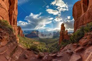 A View of a Valley Through a Crack in Red Rock Formations photo