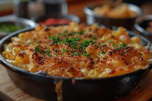Close-up of Mac and Cheese with Parsley Garnish in a Black Skillet photo