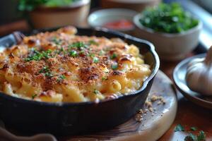 Close-up of Creamy Baked Mac and Cheese with Breadcrumbs and Green Herbs in a Cast Iron Skillet photo