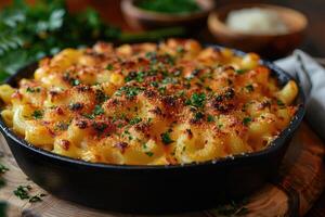 Golden Mac and Cheese with Parsley Garnish in Cast Iron Dish photo