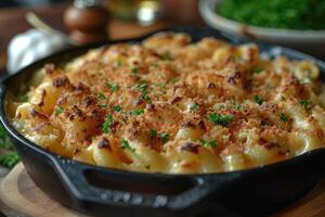 Close-up of Creamy Mac and Cheese with Golden Brown Crust and Parsley Garnish in a Cast Iron Skillet photo