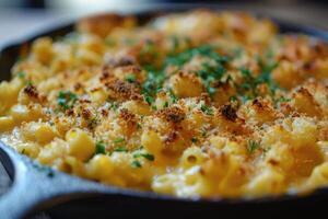 Close-up of Mac and Cheese with Crispy Topping and Fresh Parsley photo
