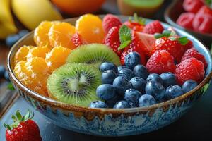 A Colorful Bowl of Fresh Fruit with Orange, Kiwi, Strawberry, Raspberry, and Blueberry Slices photo