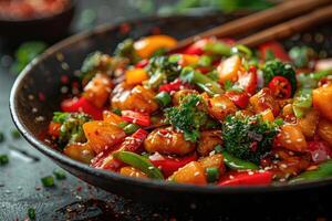Close-up of a Stir-fried Chicken and Vegetable Dish with Sesame Seeds in a Black Bowl photo