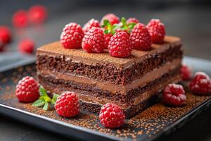Chocolate Cake with Layers of Frosting and Fresh Raspberries photo