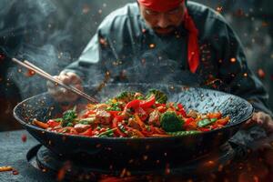 Chef Stir-Frying Vegetables and Meat in a Wok with Smoke and Sparks photo