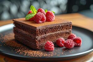 Chocolate Cake with Raspberry Garnish and Cocoa Powder photo