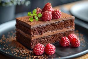 Chocolate Cake with Raspberry Garnish and Cocoa Powder photo