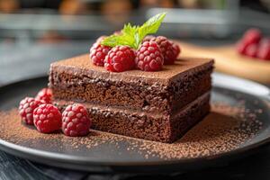 Double Layer Chocolate Cake with Raspberries and Cocoa Powder photo