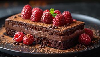 Chocolate Cake with Raspberry Topping and Chocolate Chips photo