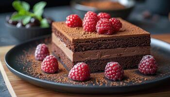 Chocolate Cake with Raspberry Garnish and Cocoa Powder photo