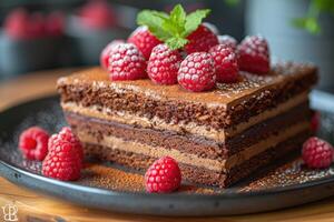 Chocolate Cake with Raspberry Garnish and Powdered Sugar photo