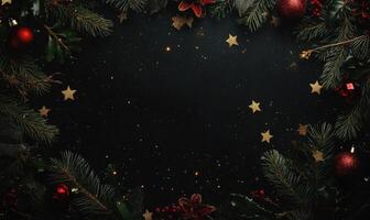 A black background with a Christmas tree and red and gold decorations photo