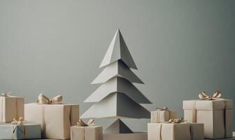 A white Christmas tree is in front of a stack of white boxes photo